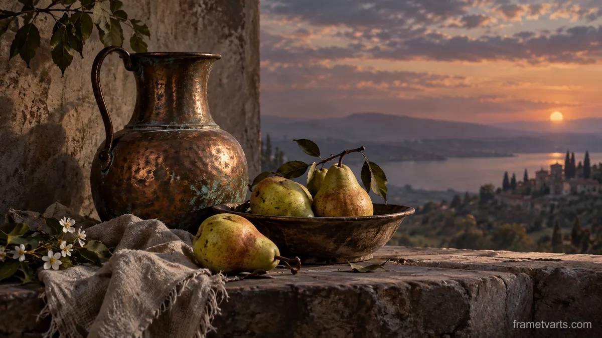 Pears beside a weathered copper jug – fine-art still-life photography Samsung Frame TV art, 4K