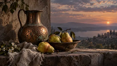 Pears beside a weathered copper jug – fine-art still-life photography Frame TV art