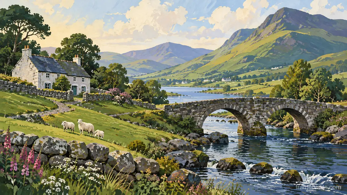 Irish green hills and an old stone bridge – decorative folk gouache Samsung Frame TV art, 4K