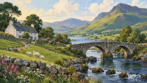 Irish green hills and an old stone bridge – decorative folk gouache Frame TV art