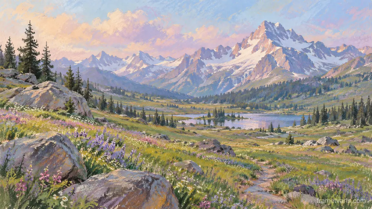 Alpine meadow with scattered boulders – soft pastel drawing Samsung Frame TV art, 4K