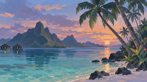 Tropical lagoon beneath leaning palms – minimal gouache Frame TV art