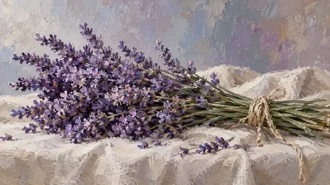 Lavender stems on textured linen – contemporary loose oil painting Frame TV art