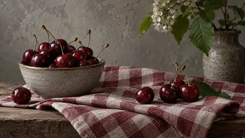 Cherries on a folded checked cloth – fine-art still-life photography Frame TV art