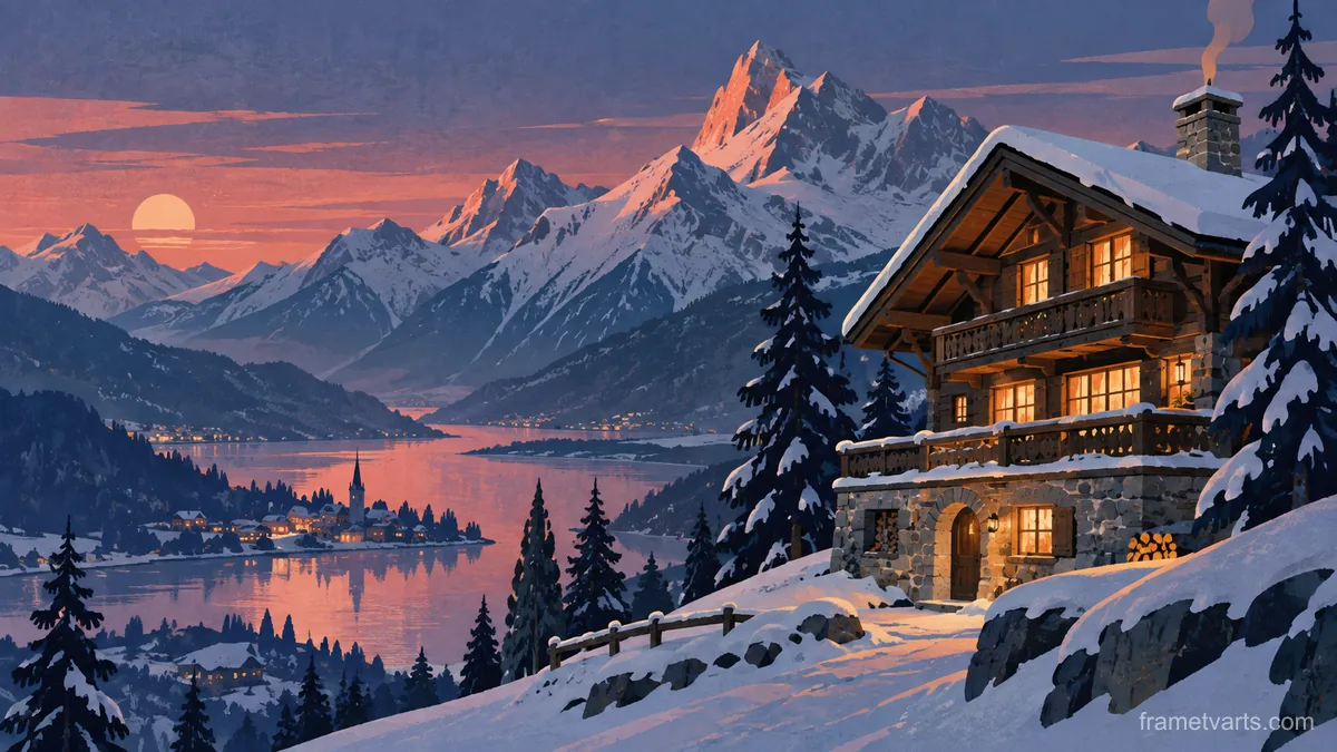 Alpine timber chalet beneath mountain peaks – mid-century travel illustration without text Samsung Frame TV art, 4K
