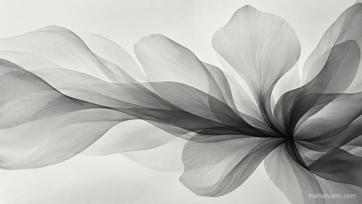 Overlapping translucent petal shapes – monochrome minimalist abstraction Samsung Frame TV art, 4K