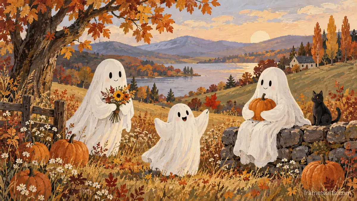 Halloween friendly ghosts in an autumn meadow – decorative folk gouache Samsung Frame TV art, 4K
