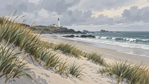 Dune grass and a distant lighthouse – minimal gouache Frame TV art