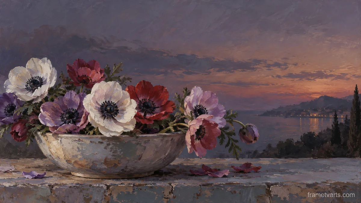 Anemones arranged in a shallow bowl – contemporary loose oil painting Samsung Frame TV art, 4K