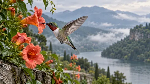 Hummingbird hovering beside trumpet flowers – fine-art wildlife photography Frame TV art