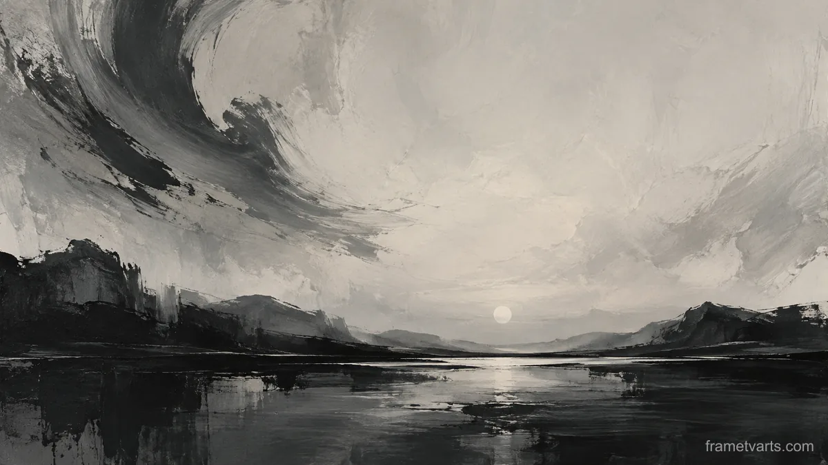 Large gestural brushstrokes around a quiet center – monochrome minimalist abstraction Samsung Frame TV art, 4K