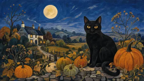 Halloween black cat with pumpkins beneath moonlight – decorative folk gouache Frame TV art