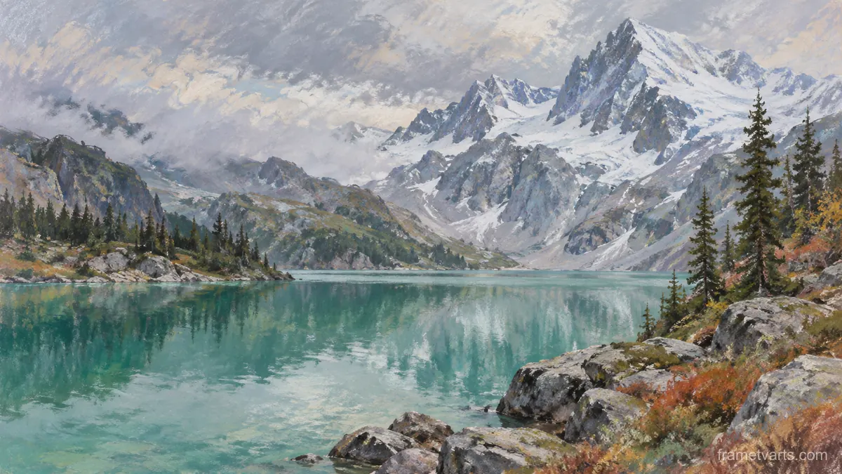 Emerald lake below snow peaks – soft pastel drawing Samsung Frame TV art, 4K