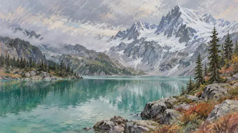 Emerald lake below snow peaks – soft pastel drawing Frame TV art