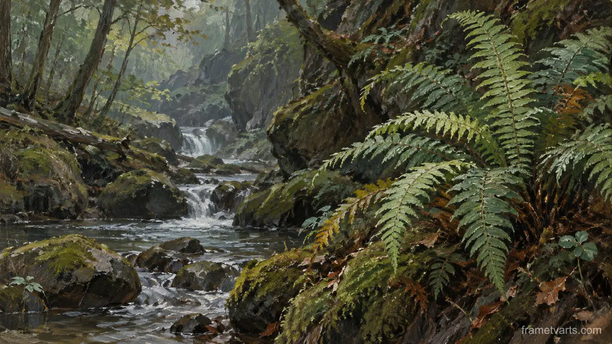 Fern fronds in a shaded woodland hollow – contemporary loose oil painting Samsung Frame TV art, 4K