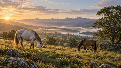 Two horses grazing on rolling pasture – fine-art wildlife photography Frame TV art