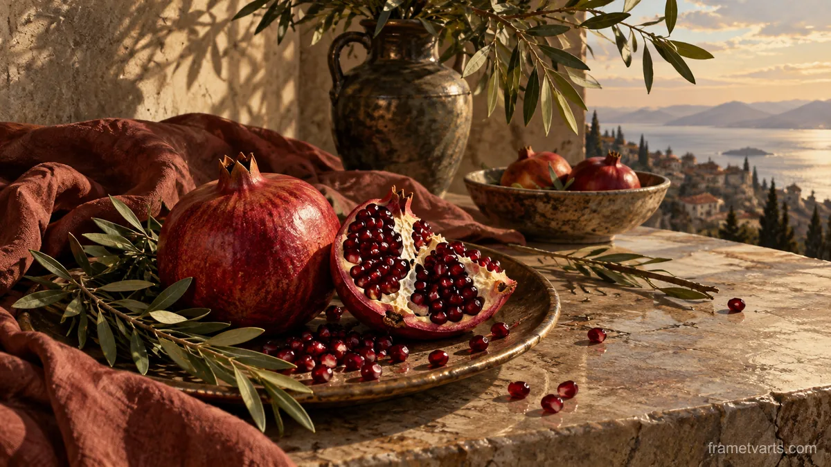 Pomegranate split beside whole fruit – fine-art still-life photography Samsung Frame TV art, 4K