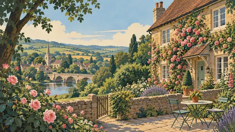 English cottage with a climbing rose garden – mid-century travel illustration without text Frame TV art