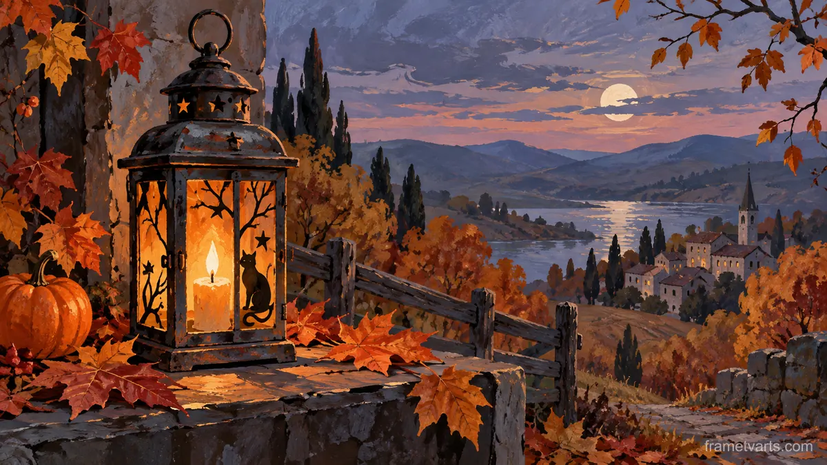 Halloween antique lantern and autumn leaves – decorative folk gouache Samsung Frame TV art, 4K