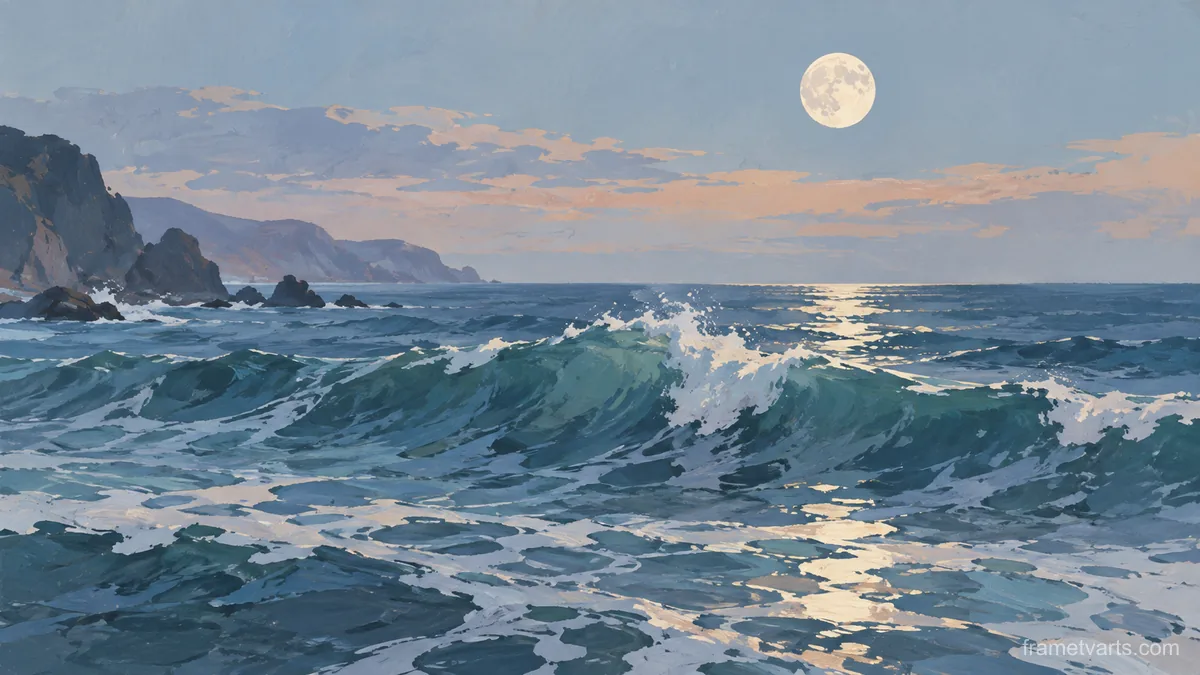 Ocean swell beneath a pale moon – minimal gouache Samsung Frame TV art, 4K