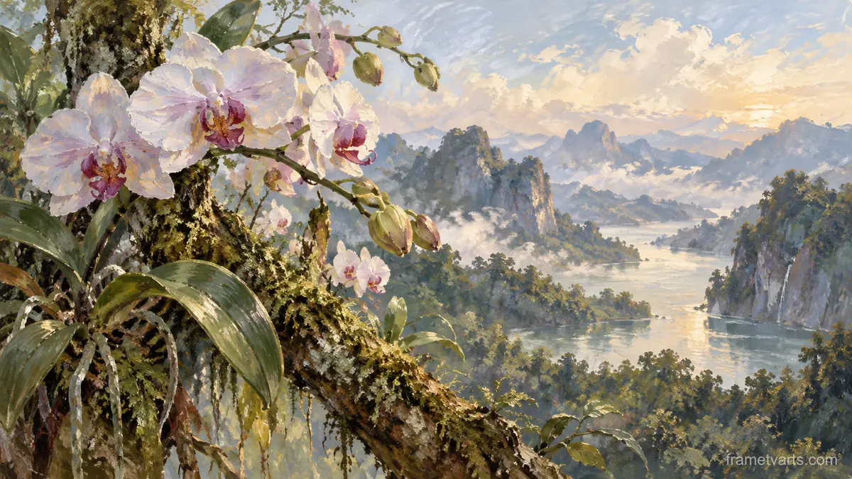 Orchid stems beside a mossy branch – contemporary loose oil painting Samsung Frame TV art, 4K