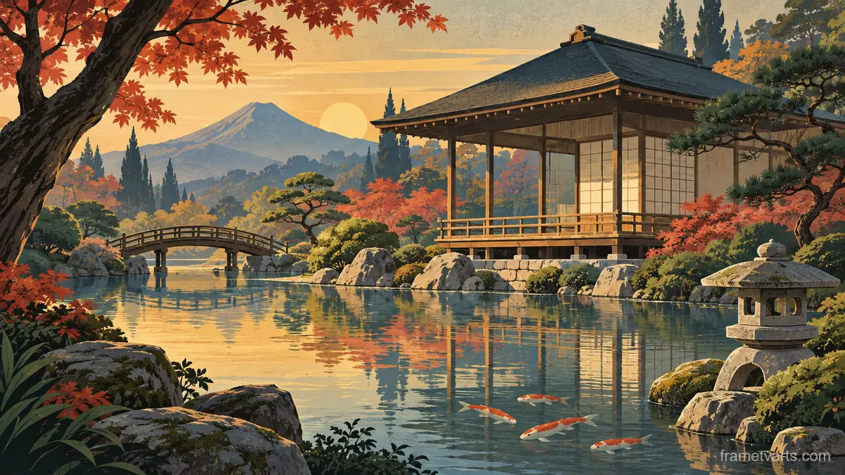 Japanese-inspired wooden garden pavilion – mid-century travel illustration without text Samsung Frame TV art, 4K