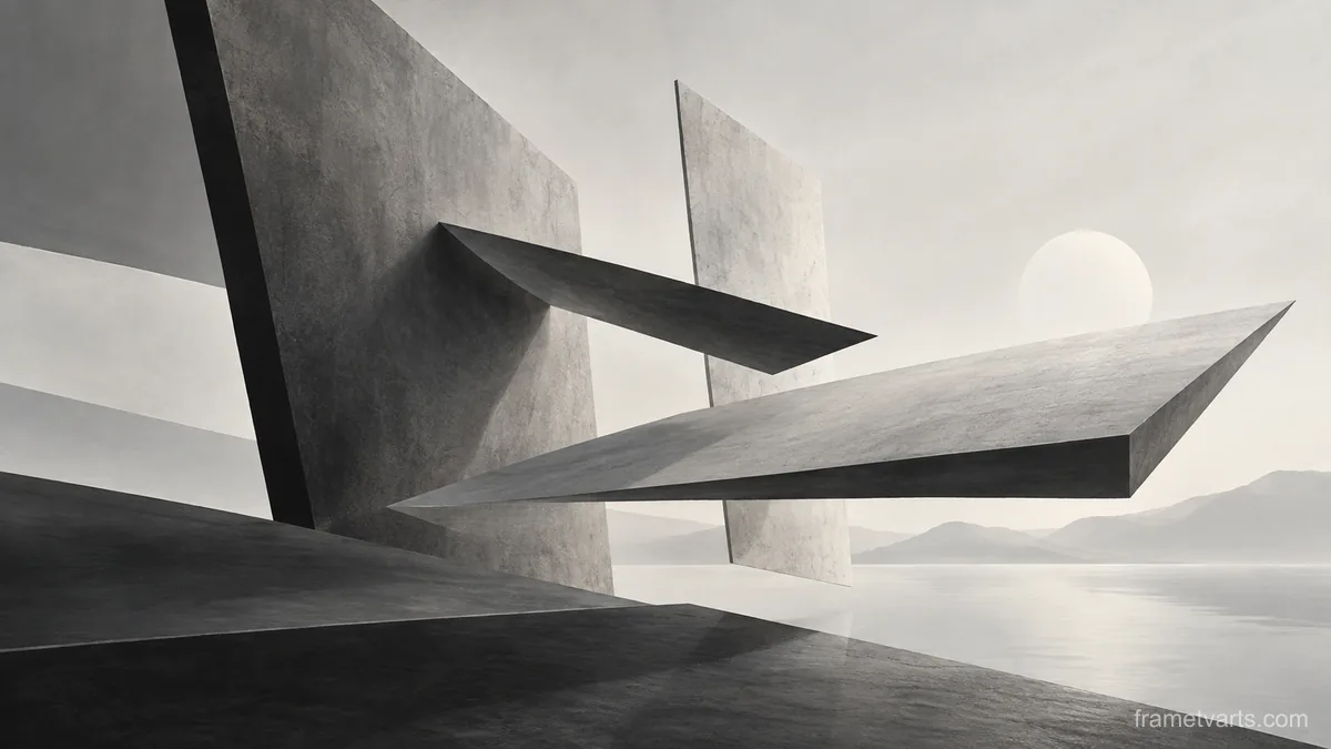 Floating angular planes with spatial tension – monochrome minimalist abstraction Samsung Frame TV art, 4K