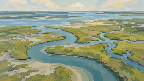 Salt marsh channels seen from above – minimal gouache Frame TV art