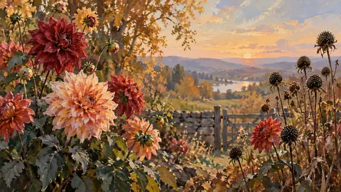 Dahlias and seed heads in autumn garden – contemporary loose oil painting Frame TV art