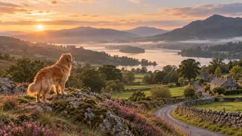 Golden dog beside a quiet country lane – fine-art wildlife photography Frame TV art