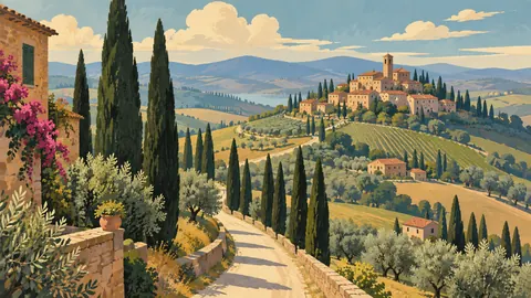 Tuscan-inspired hill village and cypress avenue – mid-century travel illustration without text Frame TV art