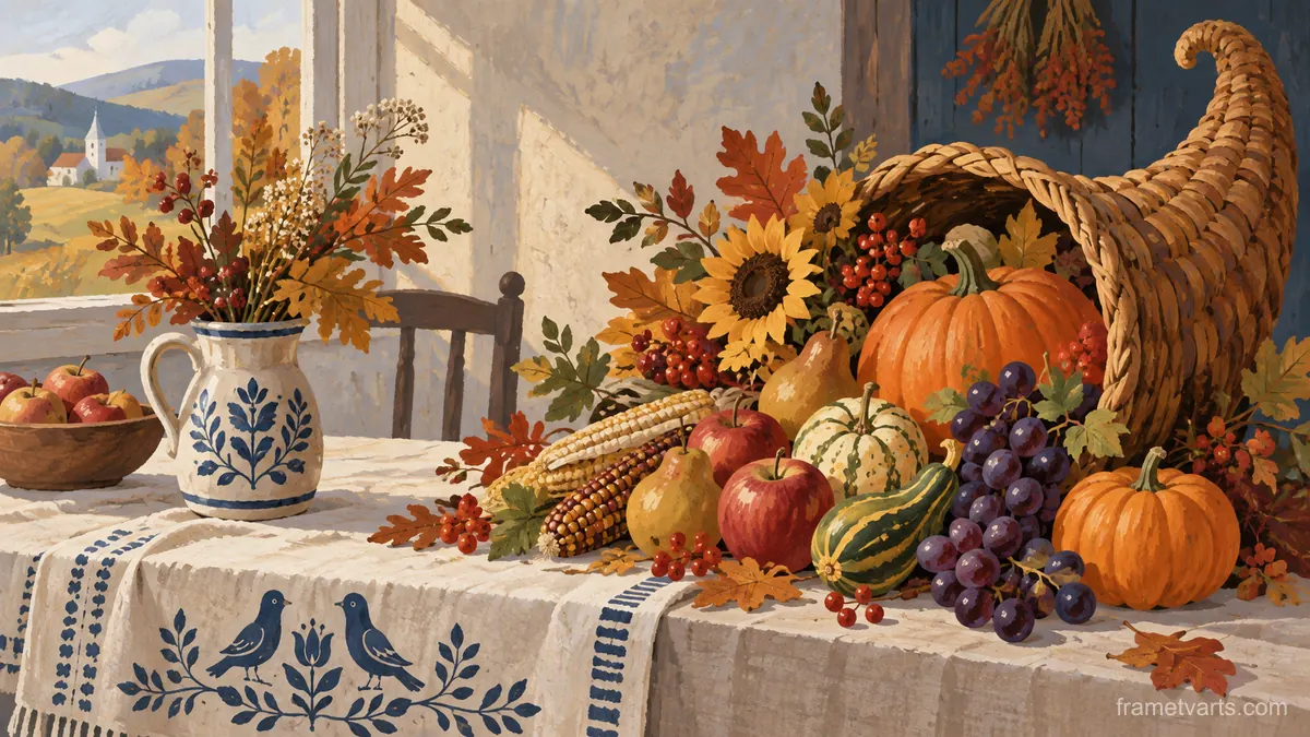 Thanksgiving harvest cornucopia on linen – decorative folk gouache Samsung Frame TV art, 4K
