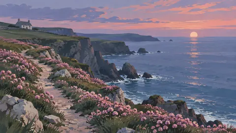 Clifftop path through pink thrift flowers – minimal gouache Frame TV art