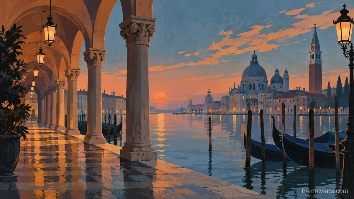 Venetian-inspired arcade beside still water – mid-century travel illustration without text Samsung Frame TV art, 4K