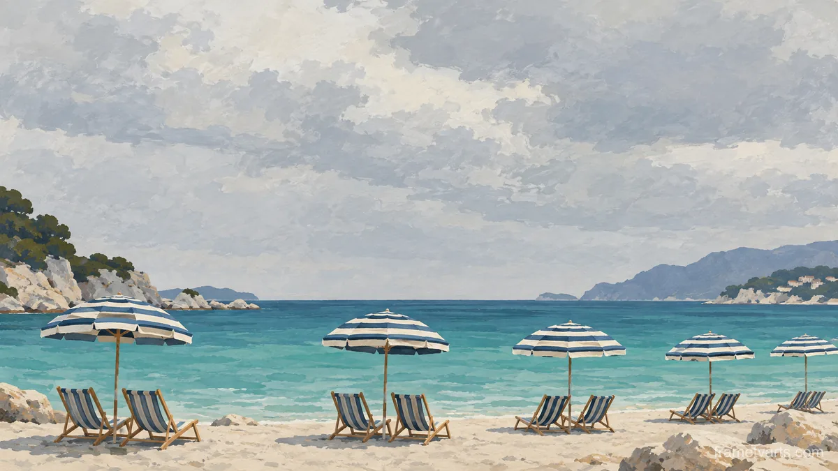 Empty striped beach umbrellas beside turquoise water – minimal gouache Samsung Frame TV art, 4K