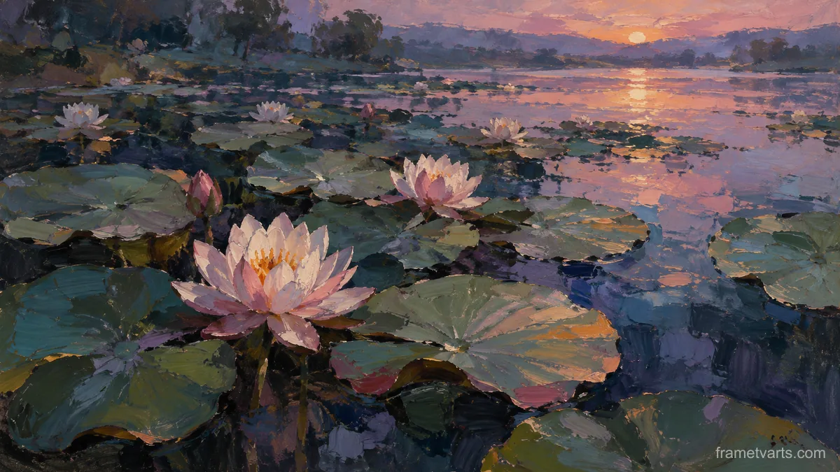 Water lilies floating among broad leaves – contemporary loose oil painting Samsung Frame TV art, 4K