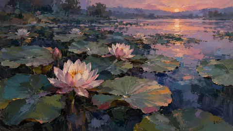 Water lilies floating among broad leaves – contemporary loose oil painting Frame TV art