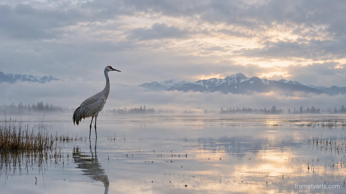 Crane standing in shallow water – fine-art wildlife photography Samsung Frame TV art, 4K