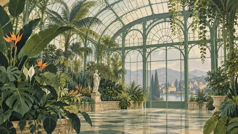 Old conservatory filled with green plants – mid-century travel illustration without text Frame TV art