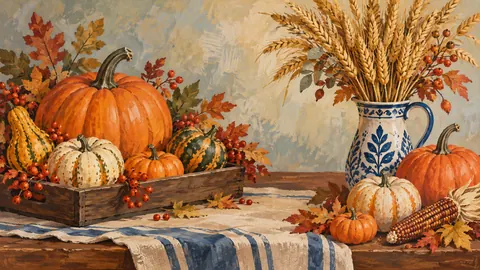Thanksgiving pumpkin arrangement beside wheat – decorative folk gouache Frame TV art