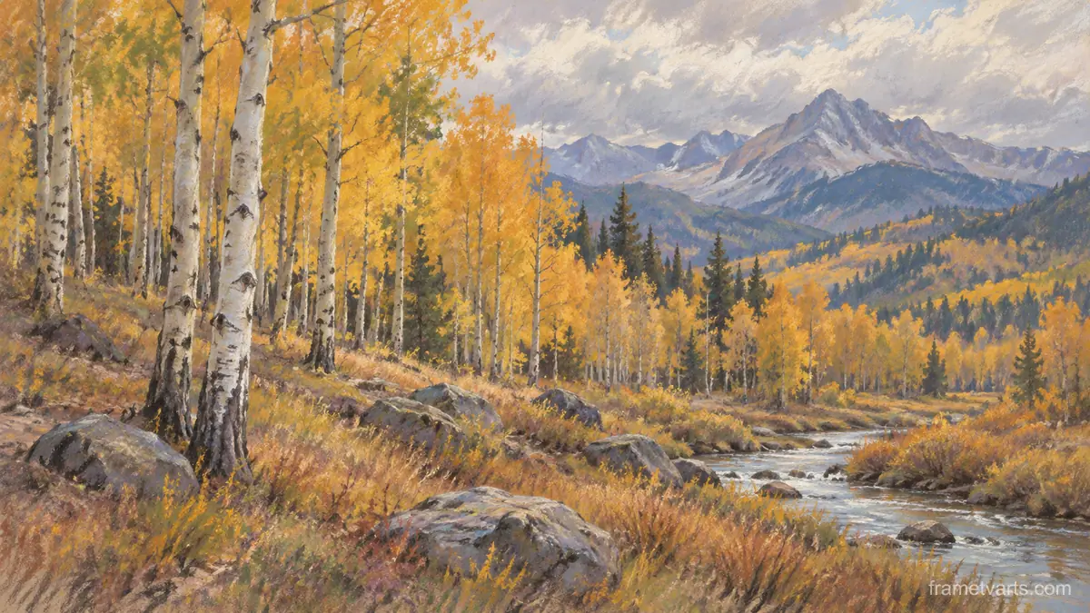 Aspen grove in autumn sunlight – soft pastel drawing Samsung Frame TV art, 4K