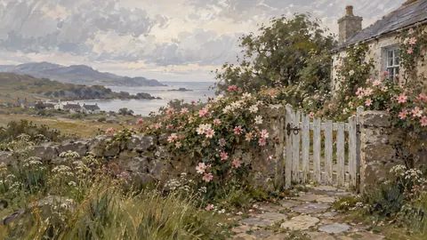 Wild roses around a cottage gate – contemporary loose oil painting Frame TV art