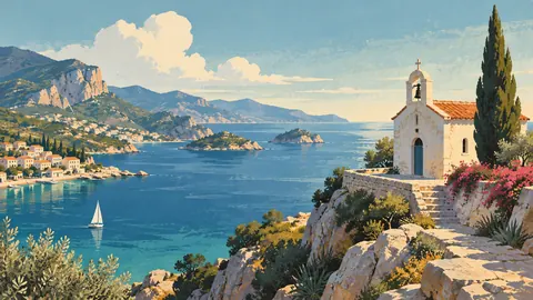 Small coastal chapel above a bay – mid-century travel illustration without text Frame TV art