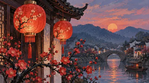Lunar New Year red lanterns and plum blossoms – decorative folk gouache Frame TV art