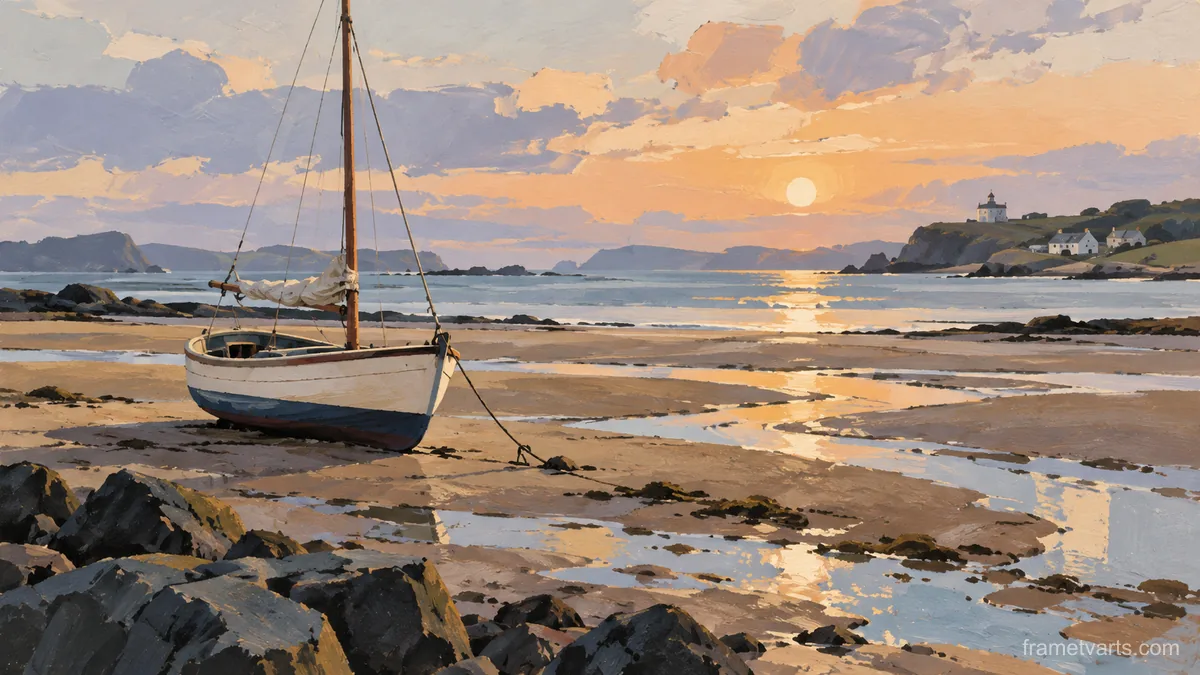 Sailing dinghy resting on tidal sand – minimal gouache Samsung Frame TV art, 4K