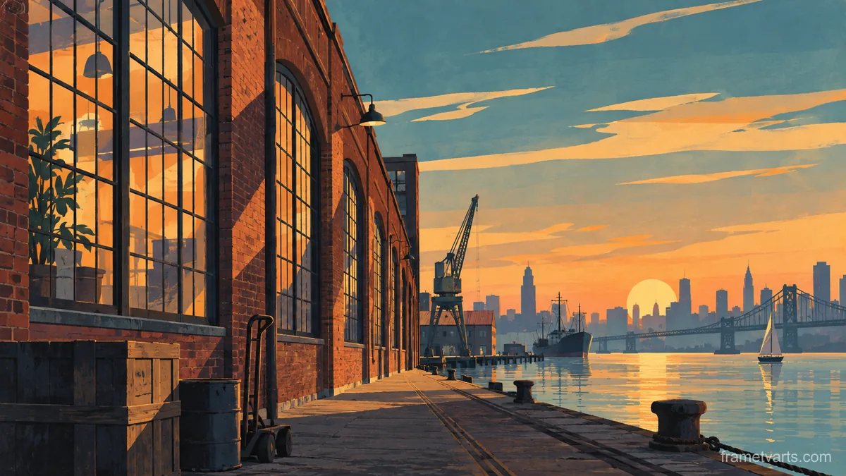 Brick warehouse windows in evening light – mid-century travel illustration without text Samsung Frame TV art, 4K