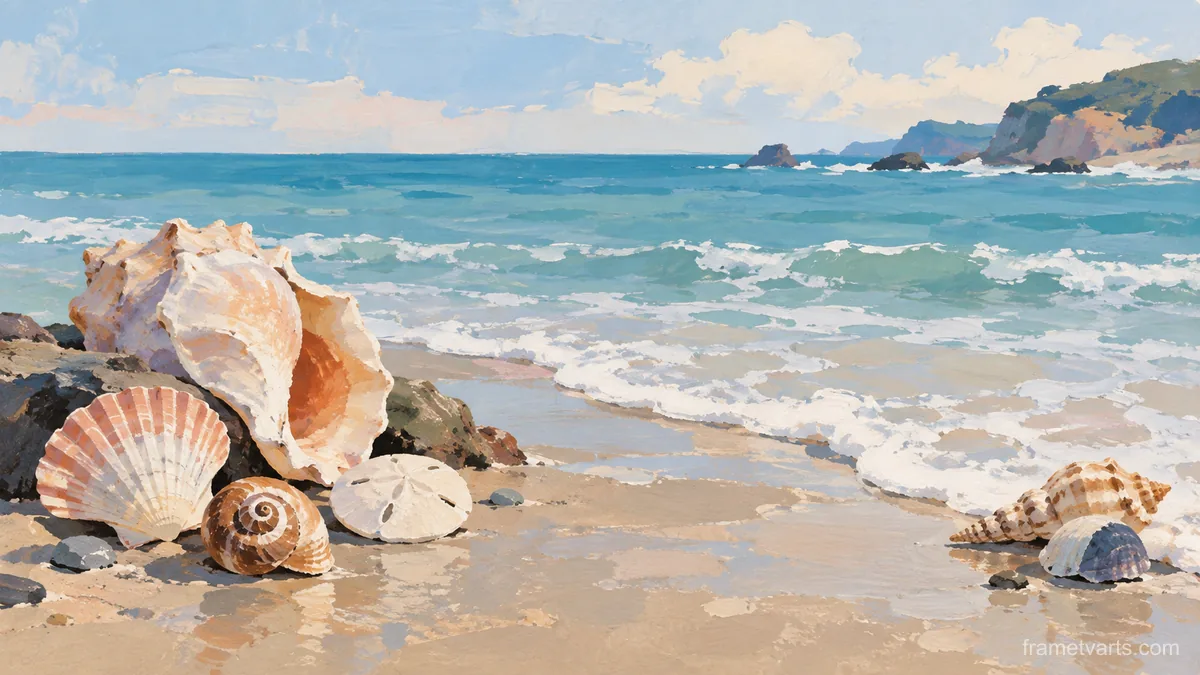 Seashells beside gentle sea foam – minimal gouache Samsung Frame TV art, 4K