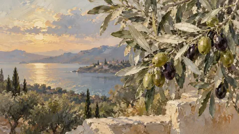 Olive branches and silver foliage – contemporary loose oil painting Frame TV art