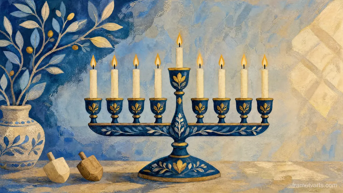 Hanukkah nine-branched hanukkiah with eight candle positions plus a distinct shamash – decorative folk gouache Samsung Frame TV art, 4K