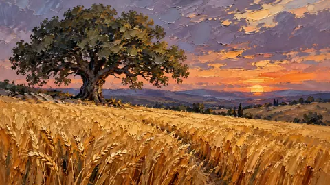 Golden wheat field and lone oak – expressive palette-knife painting Frame TV art